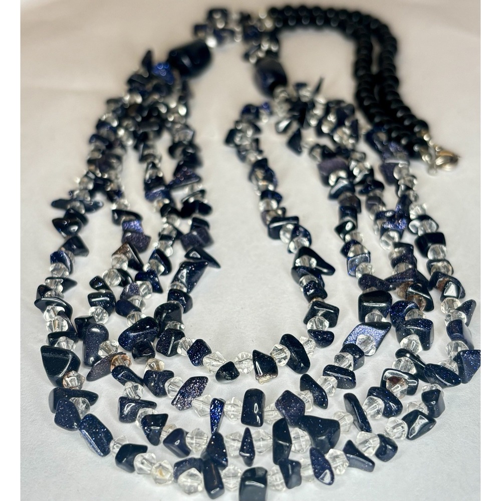 Vintage Blue Goldstone Glass Black Glass Crystal Multi Strand Necklace 30"
